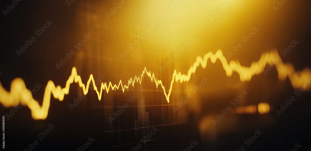 Poster a close-up of a financial graph with a golden hue, representing market trends and data.