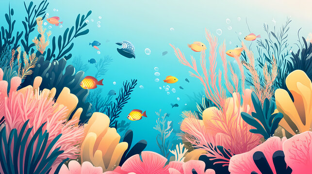 Serene coastal paradise. Vivid Coral Reefs. Illustration