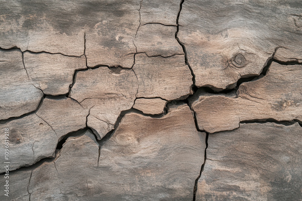Poster a close-up of cracked wooden surface, showcasing its weathered texture and intricate patterns formed