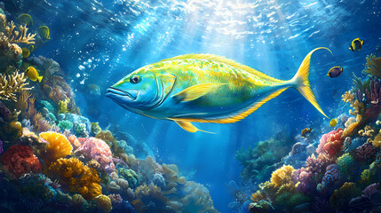 Obraz premium Photo image of a mahi-mahi fish swimming in the bright blue ocean, surrounded by vibrant coral reefs, schools of tropical fish, and a sunny underwater landscape. Vivid Coral Reefs. Illustration