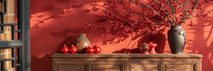 Red Ornaments and Berries on a Wooden Cabinet