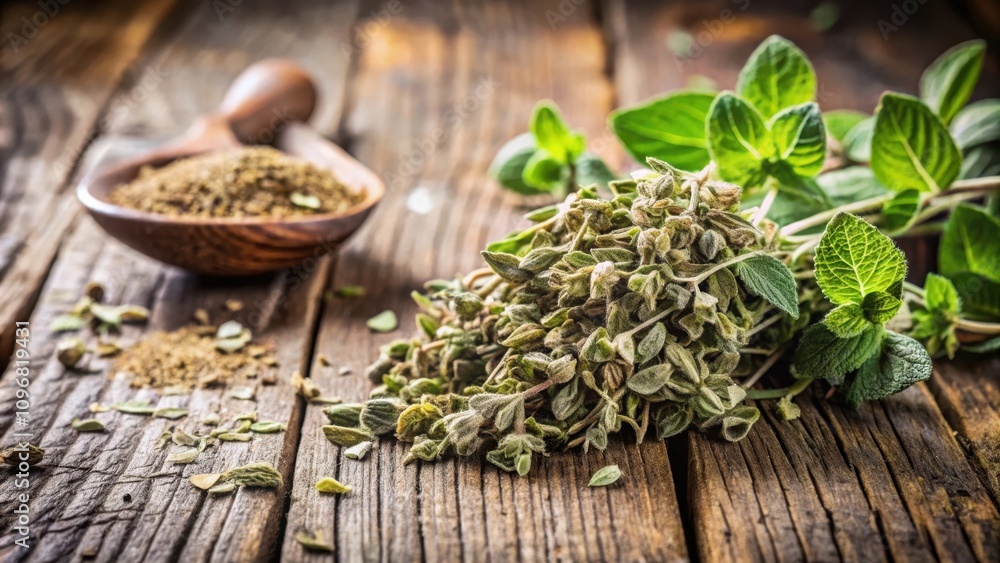 Poster a rustic wooden surface displays a generous amount of dried herbs, alongside a pile of fresh green s