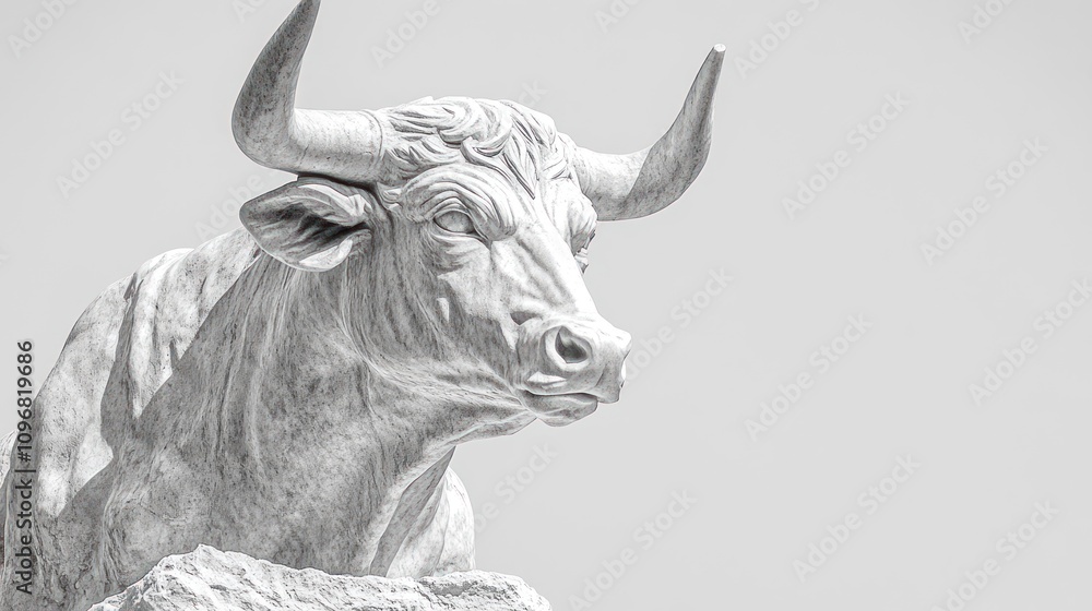 Poster a detailed sculpture of a bull, emphasizing its features and craftsmanship.