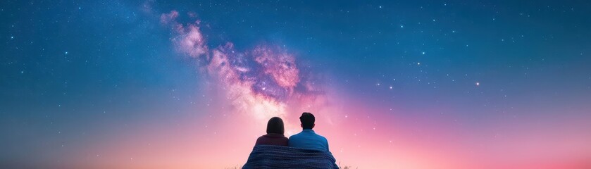 Fototapeta premium Couple stargazing on a hilltop, blanket wrapped around them, vibrant Milky Way, soft focus, realistic photography style