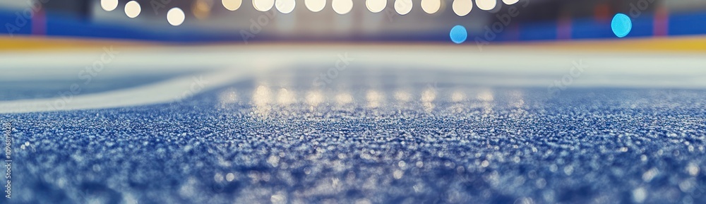 Poster Close-up view of an ice rink surface with blurred lights in the background.