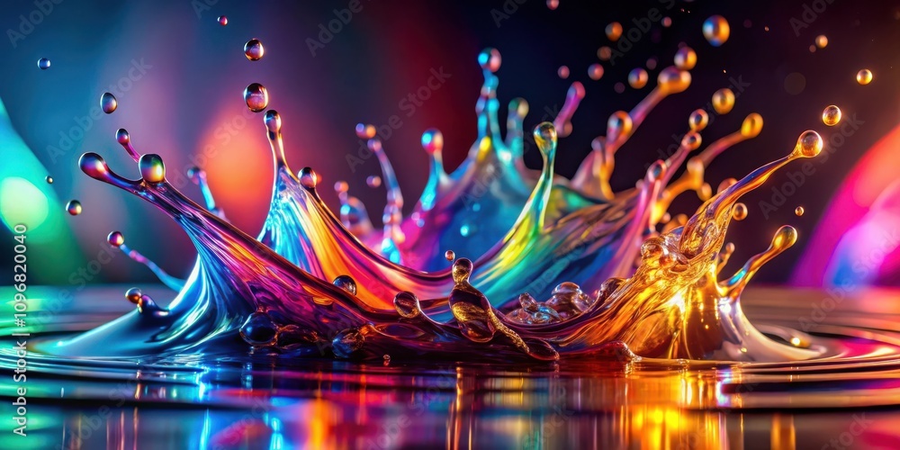 Poster A vibrant explosion of color as a single drop of liquid impacts the surface of a still pool, creating a dramatic display of dynamic shapes and shimmering reflections.
