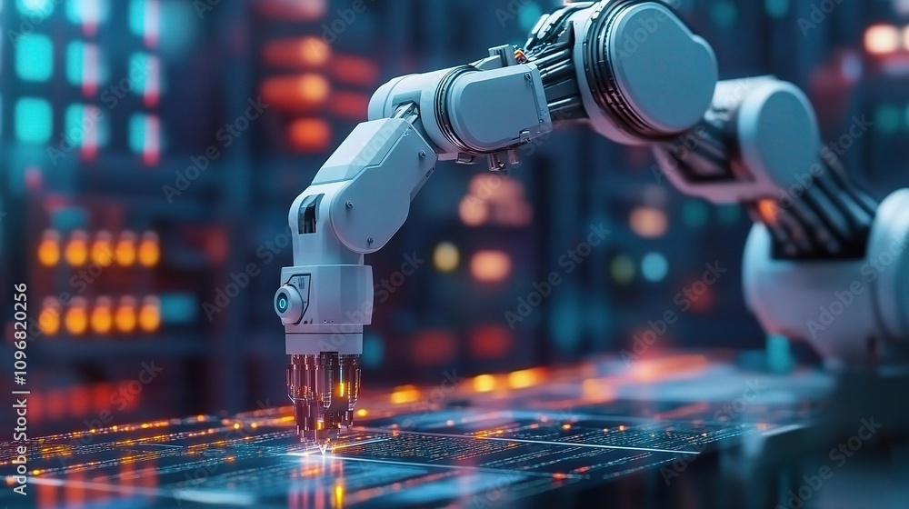 Poster advanced robotic arm system in action for high-tech welding operations showcasing precision and inno