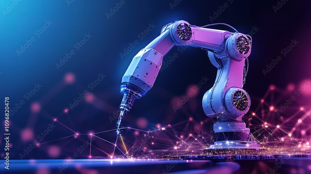 Poster advanced high-tech robotic arm system in action for precision welding applications with innovative c