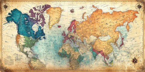 Antique World Map Showing Continents And Countries