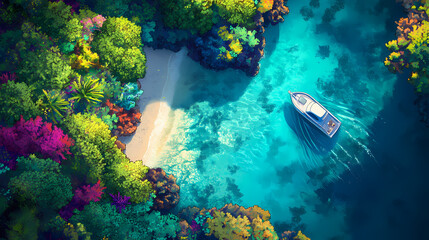Obraz premium Aerial view of a boat navigating through vibrant, colorful coral reefs in clear, turquoise waters surrounded by lush vegetation. Vivid Coral Reefs. Illustration