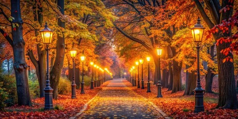 Obraz premium A Serene Autumnal Pathway Illuminated by Golden Streetlamps Under a Canopy of Vibrant Red and Orange Leaves
