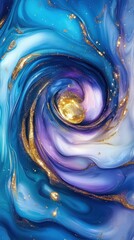 A mesmerizing swirl of blue and purple hues with shimmering gold accents, creating a cosmic, dreamlike atmosphere.