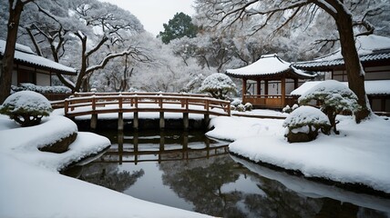 A serene winter scene featuring a snow-covered garden with a wooden bridge, tranquil water, and traditional architecture surrounded by frosty trees.
