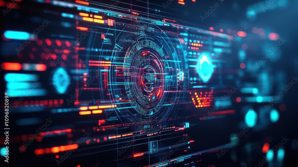 Poster AI interface on futuristic screen interaction possibilities focus on futuristic control room vibrant Double exposure