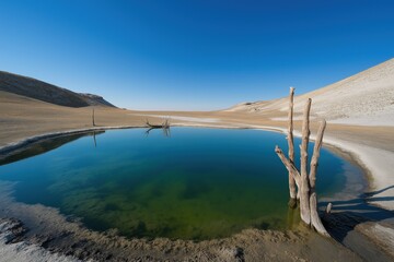 Fototapeta premium A large body of water with a few trees in the background. The water is very clear and calm