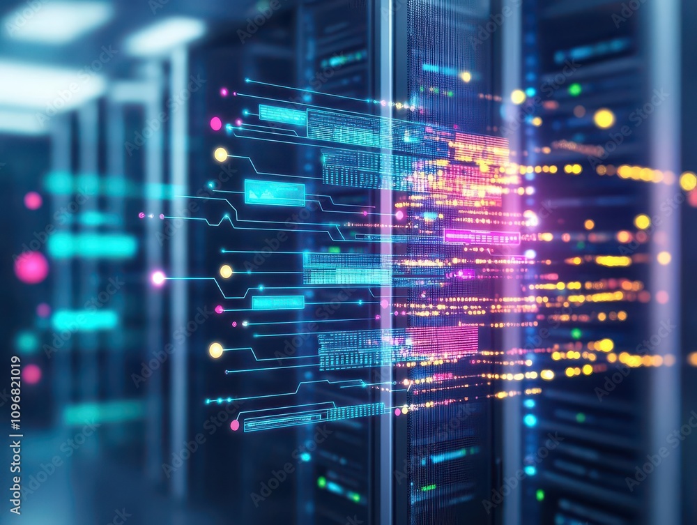 Poster AI algorithm visualized as glowing data flow intelligence progress selective focus server room ethereal Overlay