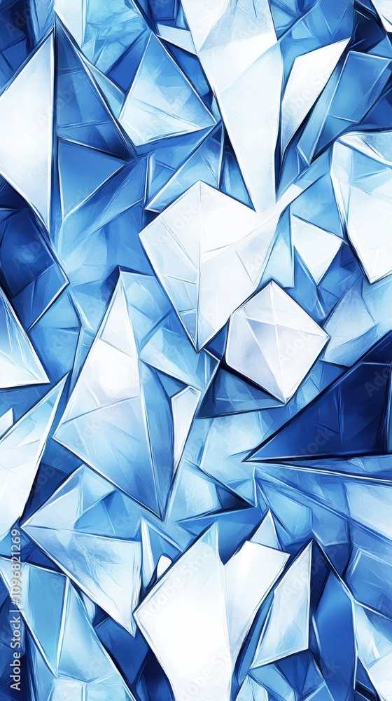 Poster an intricate pattern of sharp, angular ice formations in vibrant shades of blue, creating a mesmeriz