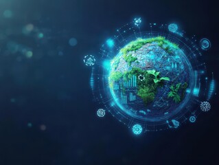 Obraz premium Abstract globe made of recycled materials, symbols of nature, gears, and digital lines, representing circular economy, ecofriendly, art