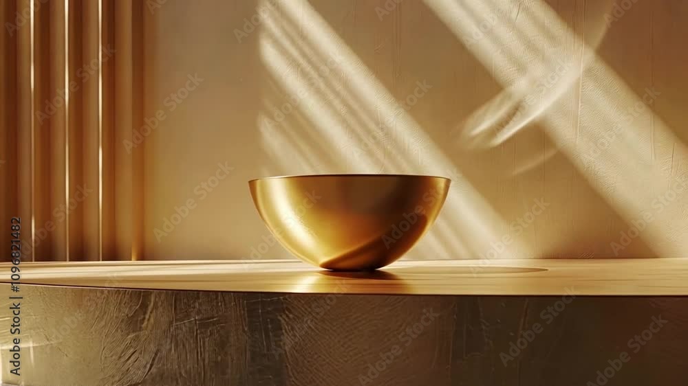 Poster a golden bowl is placed on a sleek wooden table in a sunlit room, where soft rays of light create be