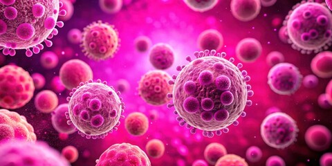 Microscopic view of pink virus cells, suspended in a vibrant magenta medium, showcasing the intricate structure and potential for infection.