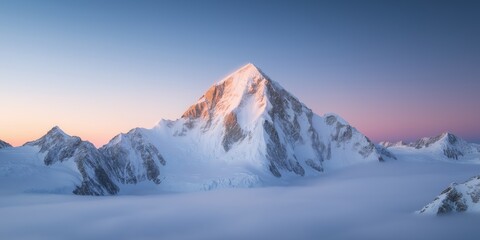 A mountain range with a large snow covered peak and a beautiful blue sky. The sky is filled with clouds and the sun is setting