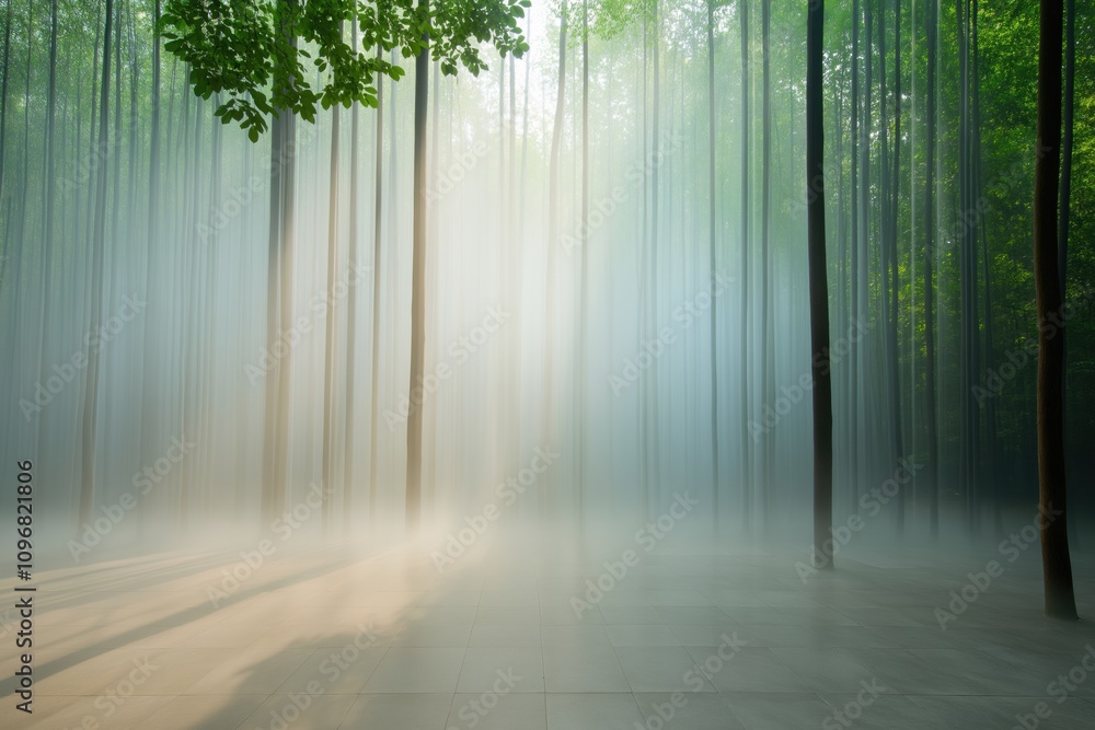 Poster a serene and peaceful forest scene with foggy trees and a tree in the foreground. the fog adds a sen