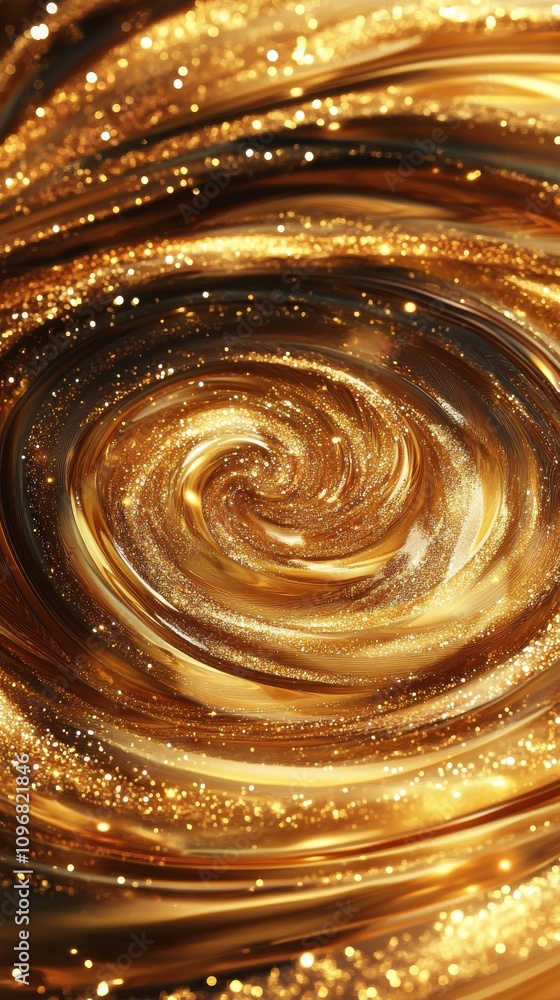 Poster a mesmerizing swirl of golden hues and shimmering particles creates an enchanting abstract design.