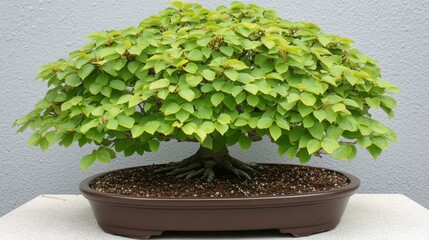 Lush green bonsai tree in a brown oval pot against a grey wall.
