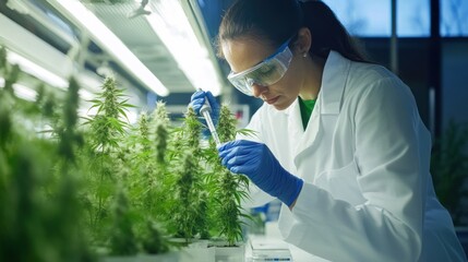 Cannabis Research: Scientist Analyzing Marijuana Plants in a Modern Laboratory