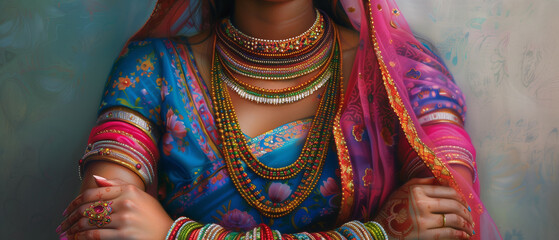  A vibrant depiction of the woman dressed for a cultural celebration in an intricately designed lehenga, embellished with colorful bangles and statement necklaces that celebrate tradition1
