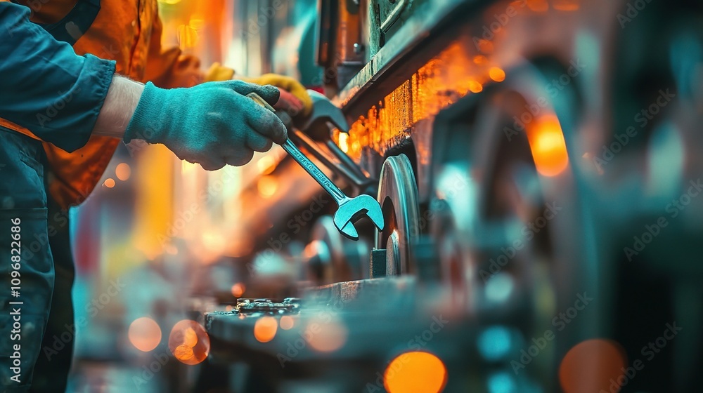 Poster vibrant team of engineers collaborating with wrenches to restore and repair machinery using expertis