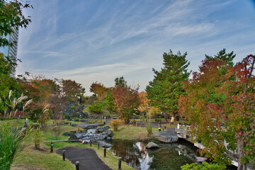 紅葉に包まれた日本庭園