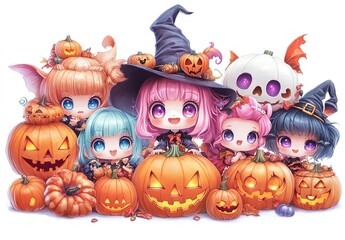 Fototapeta premium Cute halloween characters celebrating with pumpkins