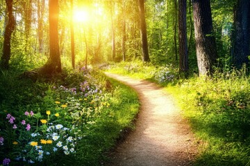 Obraz premium Sunlit forest path, wildflowers, summer.