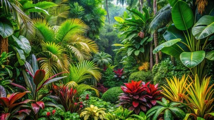 A lush tropical garden with vibrant green foliage, striking red and yellow accents, and a sense of mystery in the distant haze.