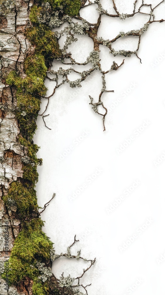 Poster a close-up view of textured tree bark adorned with vibrant green moss and intricate lichen patterns.