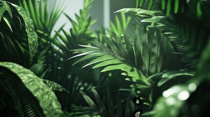 Lush green tropical foliage with sunlight filtering through.