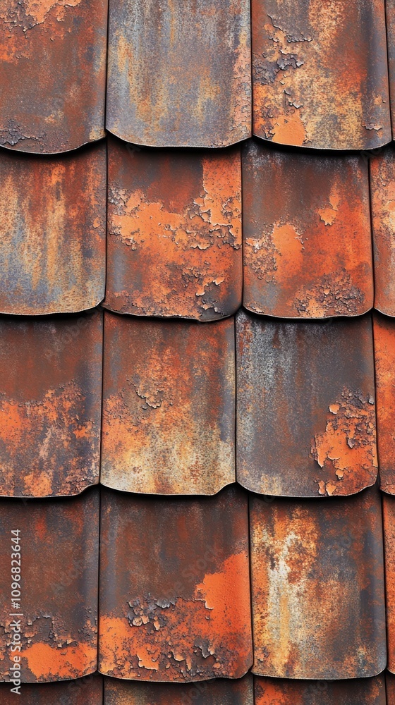Poster close-up of weathered red and orange tiles on a rustic rooftop, showcasing unique textures and color