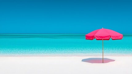 A vibrant beach scene featuring a pink umbrella on white sand, with a clear turquoise sea and a bright blue sky.