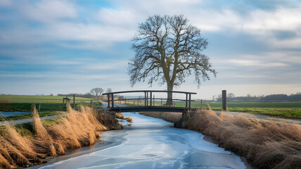 Obraz premium A small bridge over a frozen creek in the countryside