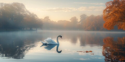 Naklejka premium A Serene Swan in an Autumnal Landscape