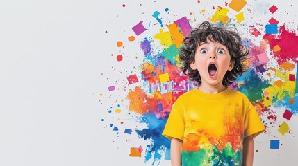 A lively watercolor of a child showing an exaggerated look of surprise, with a vibrant birthday party scene behind them