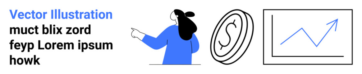 Businesswoman pointing at coin symbol and growth chart, indicating financial growth and analysis. Ideal for business, finance, presentations, marketing, financial education, online courses