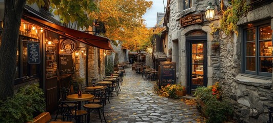 Naklejka premium Autumnal Charm: A Picturesque Cobblestone Street in Europe