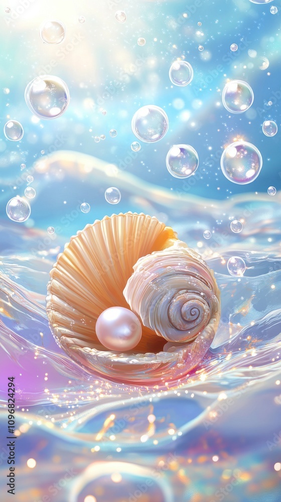 Poster a beautiful open shell with a lustrous pearl nestled inside, surrounded by shimmering bubbles in tra