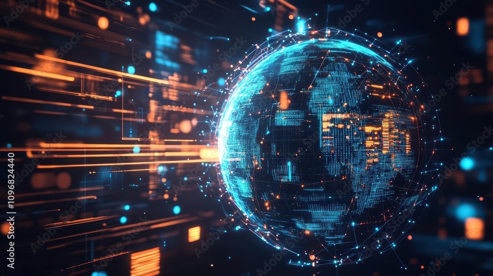 Aufkleber a glowing holographic globe surrounded by floating interconnected data, dark futuristic background, 