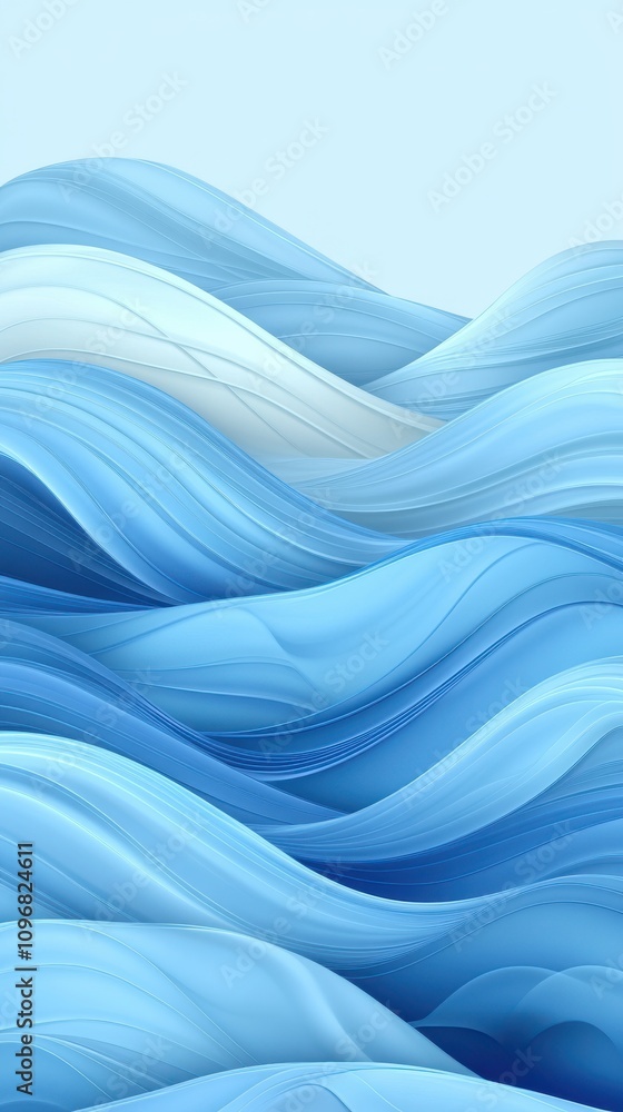 Poster a serene abstract depiction of flowing waves in varying shades of blue, creating a calming visual ex