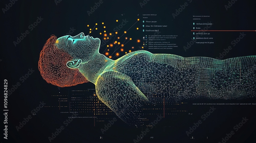 Poster a digital representation of a human figure surrounded by colorful data points, illustrating themes o