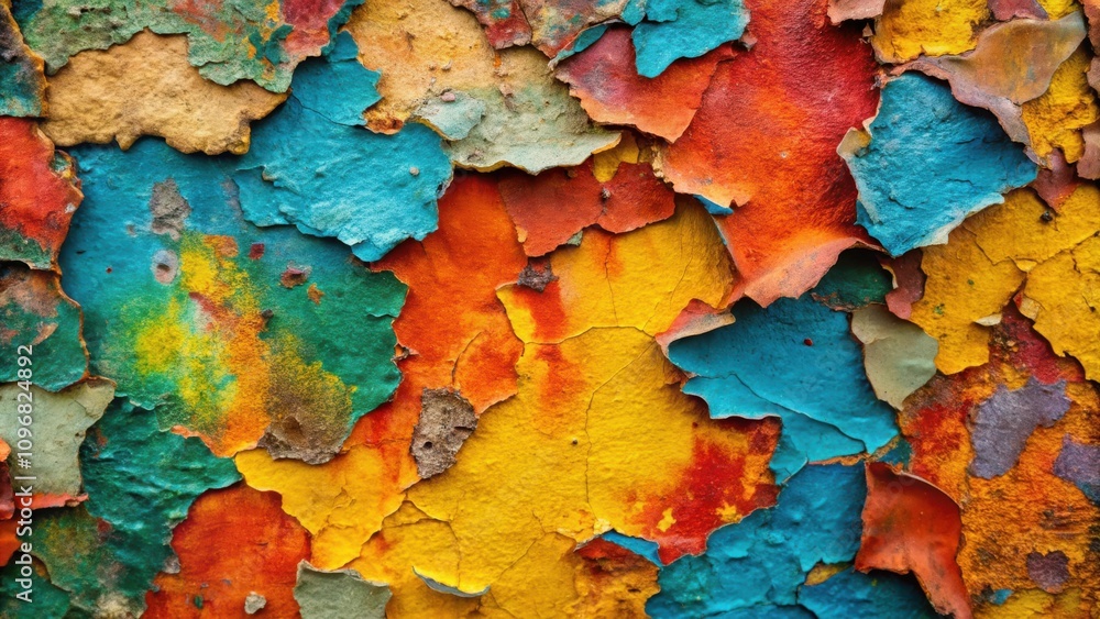 Poster A Close-Up View of a Multicolored Wall with Peeling Paint and Flaking Layers Revealing the Underlying Surface