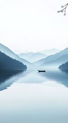 Small boat floating on a serene lake surrounded by misty mountains